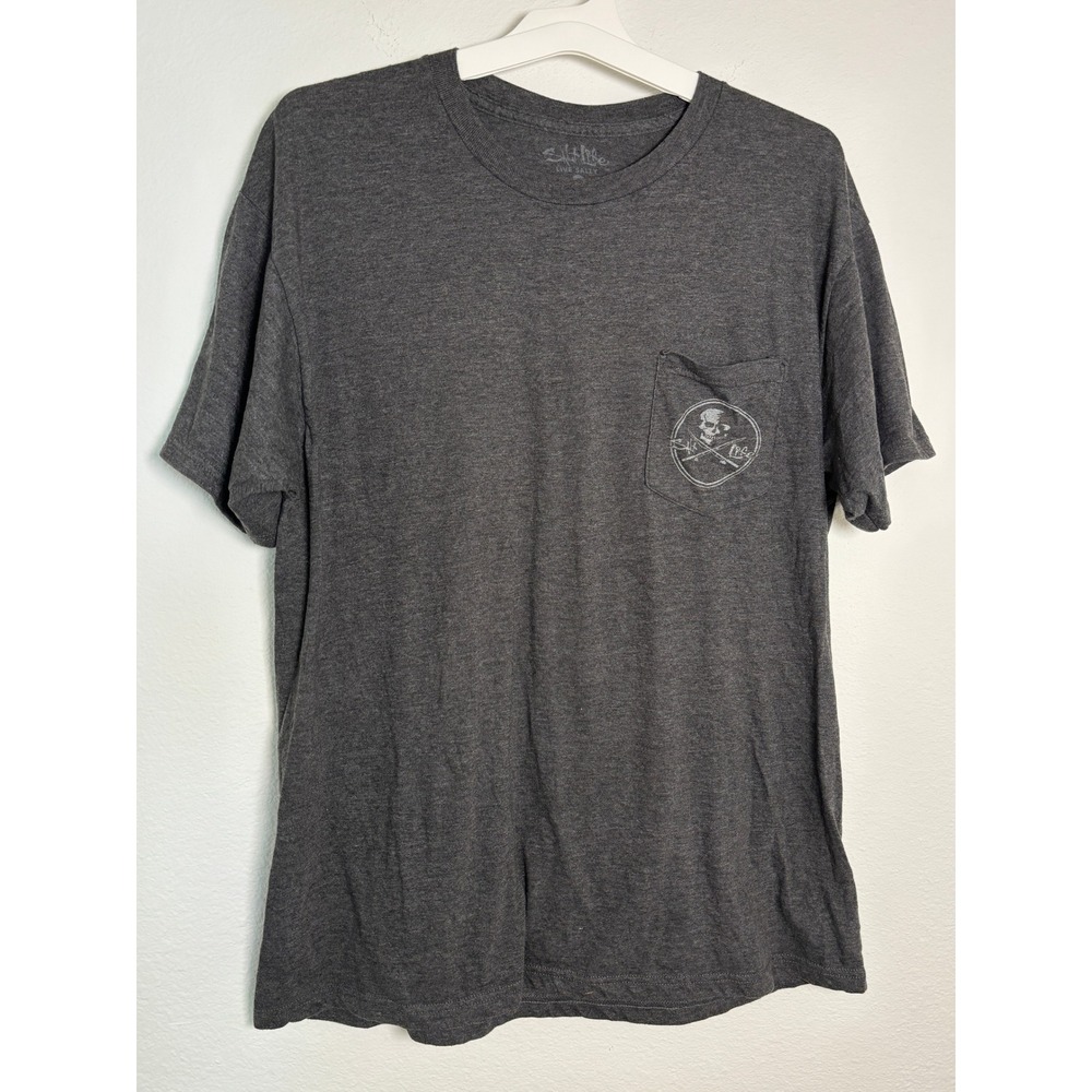 Salt Life Mens Large Gray Skull Fishing Poles Pocket Graphic T-Shirt Charcoal